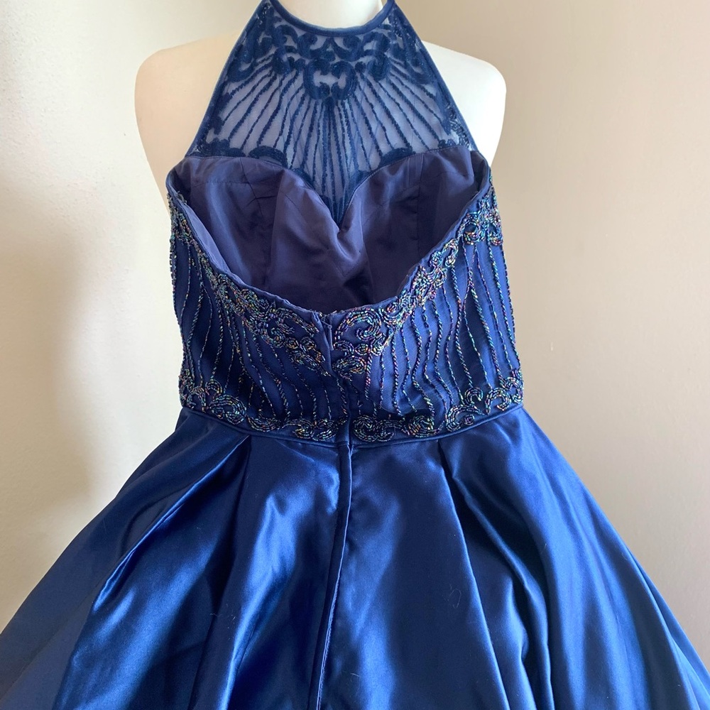 Sherri Hill Royal Blue Halter NeckFormal Prom Ballgown Dress with Beaded Accents - Picture 5 of 9